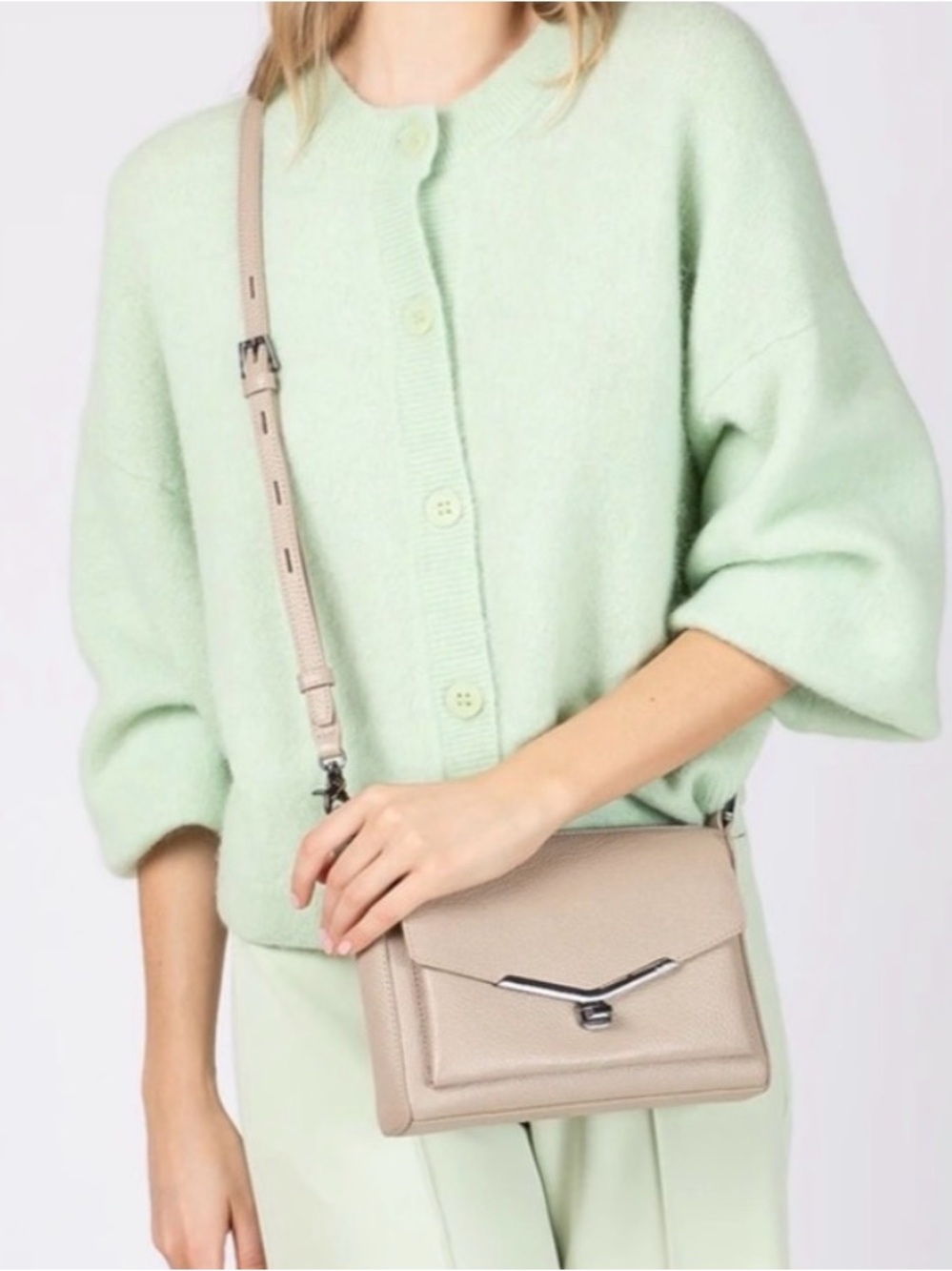 Botkier Valentina Beige Leather Crossbody Bag with Silver Hardware